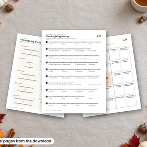K&ouml;nnte beinhalten: Drei bedruckte Papierb&ouml;gen mit Aktivit&auml;ten zum Thema Thanksgiving. Die mittlere Seite tr&auml;gt den Titel Thanksgiving History und enth&auml;lt ein Multiple-Choice-Quiz mit zehn Fragen zur Geschichte des Feiertags.