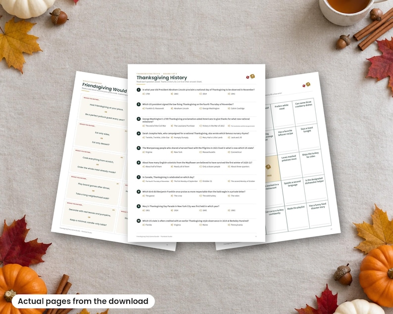 K&ouml;nnte beinhalten: Drei bedruckte Papierb&ouml;gen mit Aktivit&auml;ten zum Thema Thanksgiving. Die mittlere Seite tr&auml;gt den Titel Thanksgiving History und enth&auml;lt ein Multiple-Choice-Quiz mit zehn Fragen zur Geschichte des Feiertags.