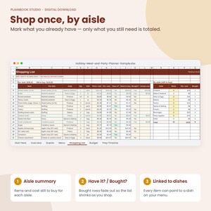 May include: A digital spreadsheet titled Holiday-Meal-and-Party-Planner-Sample.xlsx featuring a shopping list with columns for items, dishes, aisles, quantities, units, prices, and costs. The interface includes tabs for menu, budget, and timeline.
