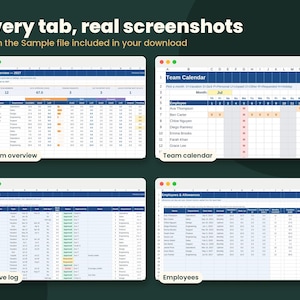May include: A digital spreadsheet template featuring four distinct views labeled Team Overview, Team Calendar, Leave Log, and Employees. The interface displays organized data tables with blue headers, white cells, and text reading Every tab, real screenshots.