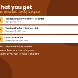 K&ouml;nnte beinhalten: Ein digitales Dokument mit dem Titel What you get, das Friendsgiving-Partyspiele in den Formaten US Letter 8,5 x 11 Zoll und A4 210 x 297 mm sowie eine Kurzanleitung enth&auml;lt. Umfasst 42 Seiten, Antwortschl&uuml;ssel und familienfreundliche Inhalte.