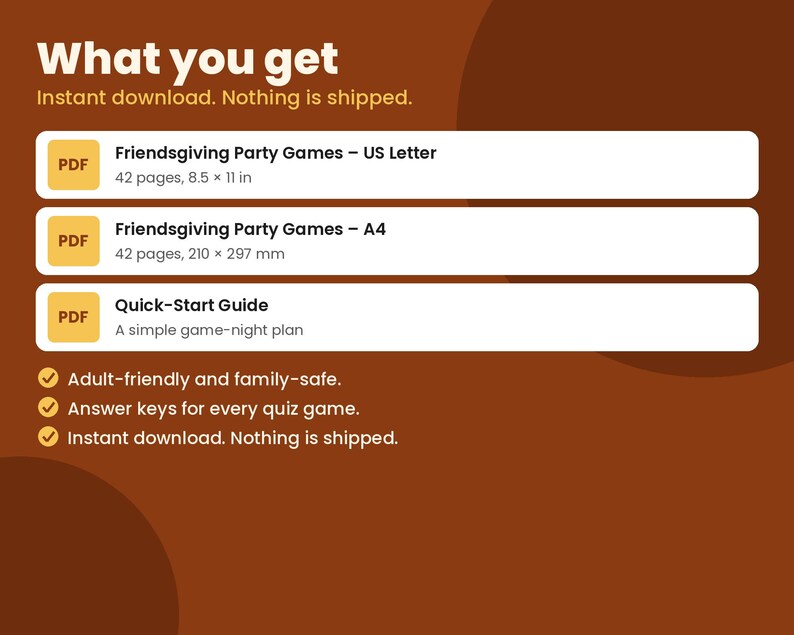 K&ouml;nnte beinhalten: Ein digitales Dokument mit dem Titel What you get, das Friendsgiving-Partyspiele in den Formaten US Letter 8,5 x 11 Zoll und A4 210 x 297 mm sowie eine Kurzanleitung enth&auml;lt. Umfasst 42 Seiten, Antwortschl&uuml;ssel und familienfreundliche Inhalte.