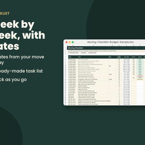 Pu&ograve; includere: Un foglio di calcolo digitale intitolato Moving-Checklist-Budget-Sample.xlsx visualizzato su uno schermo. La lista di controllo include colonne per quando, attivit&agrave;, chi, giorni prima, data di scadenza, fatto, stato e note per il trasloco.