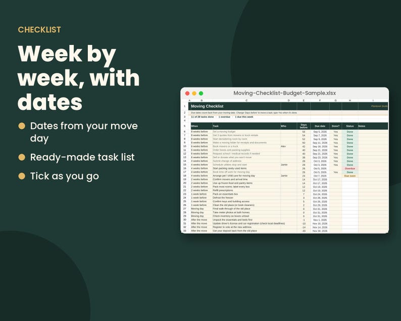Pu&ograve; includere: Un foglio di calcolo digitale intitolato Moving-Checklist-Budget-Sample.xlsx visualizzato su uno schermo. La lista di controllo include colonne per quando, attivit&agrave;, chi, giorni prima, data di scadenza, fatto, stato e note per il trasloco.