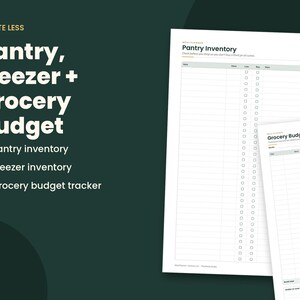 Pu&ograve; includere: Un set di planner stampabili con un foglio per l'inventario della dispensa e un tracker per il budget della spesa. Il testo recita Waste Less, Pantry, freezer + grocery budget, Pantry inventory, Freezer inventory e Grocery budget tracker.