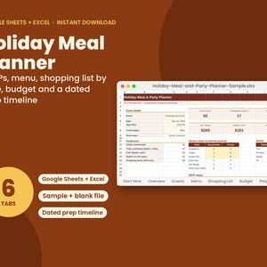 May include: A digital Holiday Meal Planner spreadsheet for Google Sheets and Excel displayed on a screen. The interface features tabs for event details, headcount, dietary needs, and RSVP status, with a brown background and white text overlays.