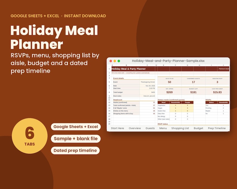 May include: A digital Holiday Meal Planner spreadsheet for Google Sheets and Excel displayed on a screen. The interface features tabs for event details, headcount, dietary needs, and RSVP status, with a brown background and white text overlays.