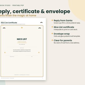 Op de afbeelding: Een printbare PDF-set met een Nice List-certificaat met gouden randen en steraccenten, plus tekstinstructies voor een antwoord van de Kerstman en een envelop. Het document bevat velden voor een naam, handtekening en datum.