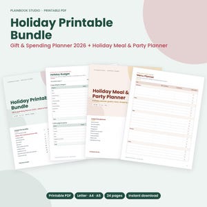 May include: A digital holiday printable bundle featuring a gift and spending planner for 2026 and a holiday meal and party planner. The set includes multiple pages with sections for holiday budgets, gift tracking, menu planning, and guest lists.