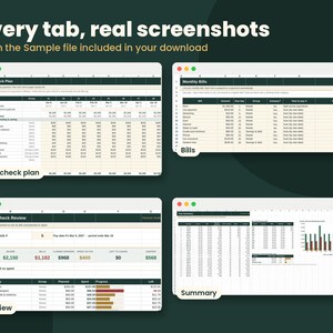 May include: Four digital spreadsheet screenshots titled Every tab, real screenshots. The views include a Paycheck Plan, Monthly Bills, Paycheck Review, and Summary. Each interface features dark green headers, white cells, and organised financial data tables.