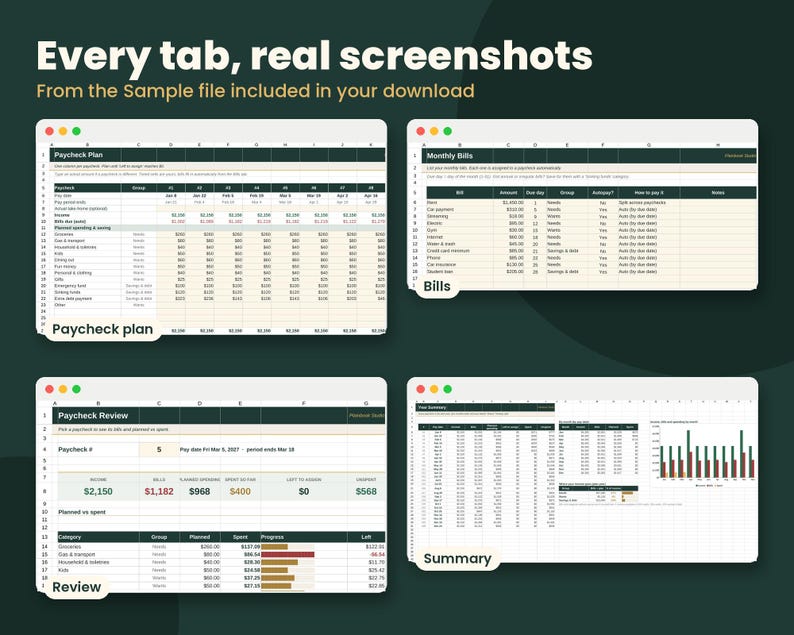 May include: Four digital spreadsheet screenshots titled Every tab, real screenshots. The views include a Paycheck Plan, Monthly Bills, Paycheck Review, and Summary. Each interface features dark green headers, white cells, and organised financial data tables.