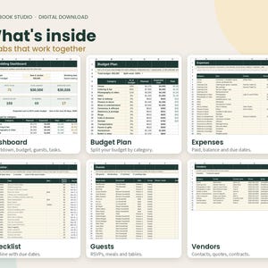 May include: A digital wedding planner spreadsheet template titled What's inside 10 tabs that work together. It displays six distinct sections: Dashboard, Budget Plan, Expenses, Checklist, Guests, and Vendors, featuring tables with data.