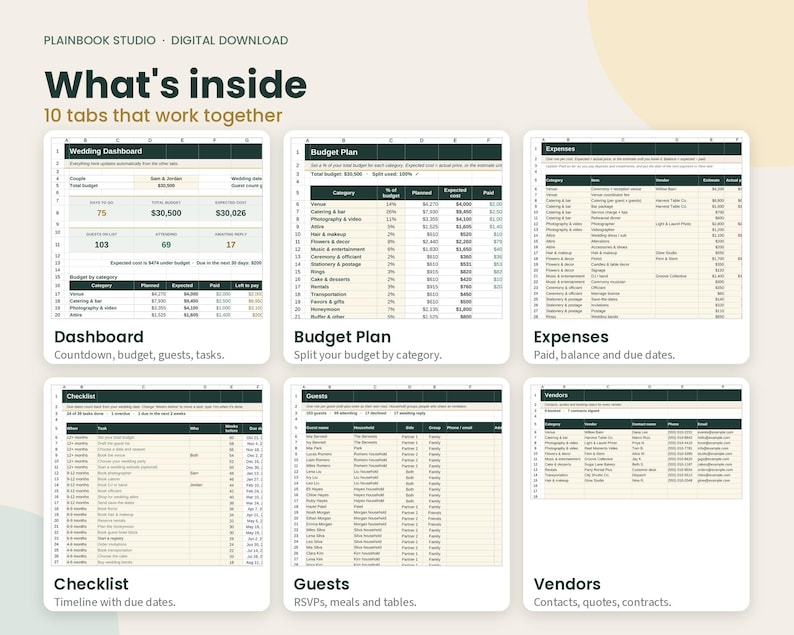 May include: A digital wedding planner spreadsheet template titled What's inside 10 tabs that work together. It displays six distinct sections: Dashboard, Budget Plan, Expenses, Checklist, Guests, and Vendors, featuring tables with data.