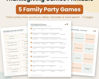 Pacchetto di giochi stampabili per la festa del Ringraziamento, 17 pagine, download immediato, quiz, "Preferiresti...", mimo, ricerca di parole (PDF).