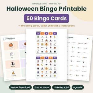 May include: Halloween Bingo printable set featuring 50 bingo cards, 40 calling cards, a caller checklist, and instructions. The documents display colorful icons of pumpkins, ghosts, black cats, and candy corn with text labels.