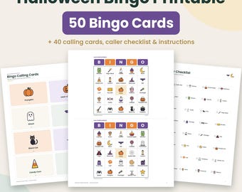Bingo di Halloween stampabile, 50 cartelle del bingo illustrate, 33 pagine, download immediato, gioco per feste di Halloween per bambini, Bingo spettrale in PDF