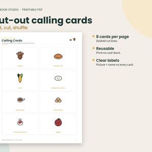 May include: A printable PDF sheet titled Cut-out calling cards by Plainbook Studio. The page features eight rectangular cards with dashed cut lines, each displaying a small colorful illustration and text label for items like turkey, pumpkin pie, corn, mashed potatoes, gravy boat, dinner rolls, cranberry sauce, and apple.