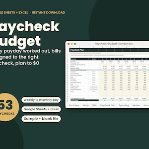 May include: A digital Paycheck Budget spreadsheet template for Google Sheets and Excel. The interface displays a Paycheck Plan table with columns for income, bills, and savings, alongside text labels for 53 paychecks, weekly to monthly pay.