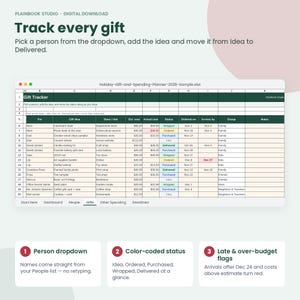 May include: A digital spreadsheet template titled Holiday-Gift-and-Spending-Planner-2026-Sample.xlsx. The interface features a dark green header row, columns for gift ideas, estimated and actual costs, and color-coded status indicators.