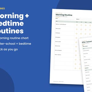May include: Two white paper routine charts with black text and star icons for tracking daily tasks. One chart is titled Morning Routine, and the other is titled After-School + Bedtime Routine. Both feature columns for days of the week and rows for specific activities.