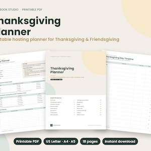 May include: A printable Thanksgiving Planner PDF featuring a cover page, a Turkey Planner sheet with roasting logs, and a Thanksgiving Day Timeline. The documents include text headers, tables, and lists for holiday hosting organization.