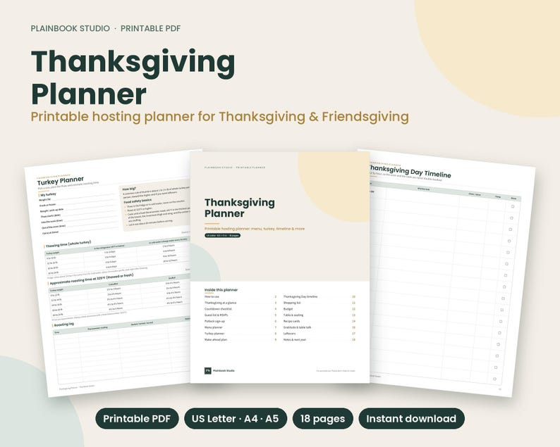 May include: A printable Thanksgiving Planner PDF featuring a cover page, a Turkey Planner sheet with roasting logs, and a Thanksgiving Day Timeline. The documents include text headers, tables, and lists for holiday hosting organization.