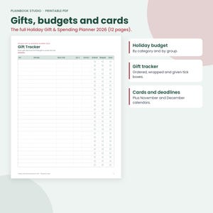 May include: A printable PDF holiday gift and spending planner for 2026 featuring a gift tracker page with columns for gift ideas, stores, estimated and actual costs, and checkboxes for ordered, wrapped, and given items, plus budget and calendar notes.