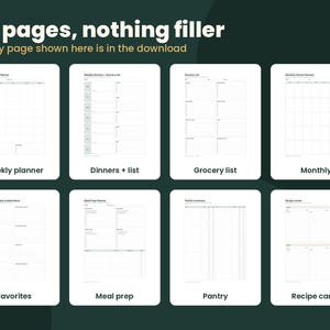 Pu&ograve; includere: Un set digitale per la pianificazione dei pasti composto da 12 pagine con sfondo bianco e testo nero. Il layout include un pianificatore settimanale, una lista della spesa, un pianificatore mensile, preferiti, preparazione pasti e schede ricette.