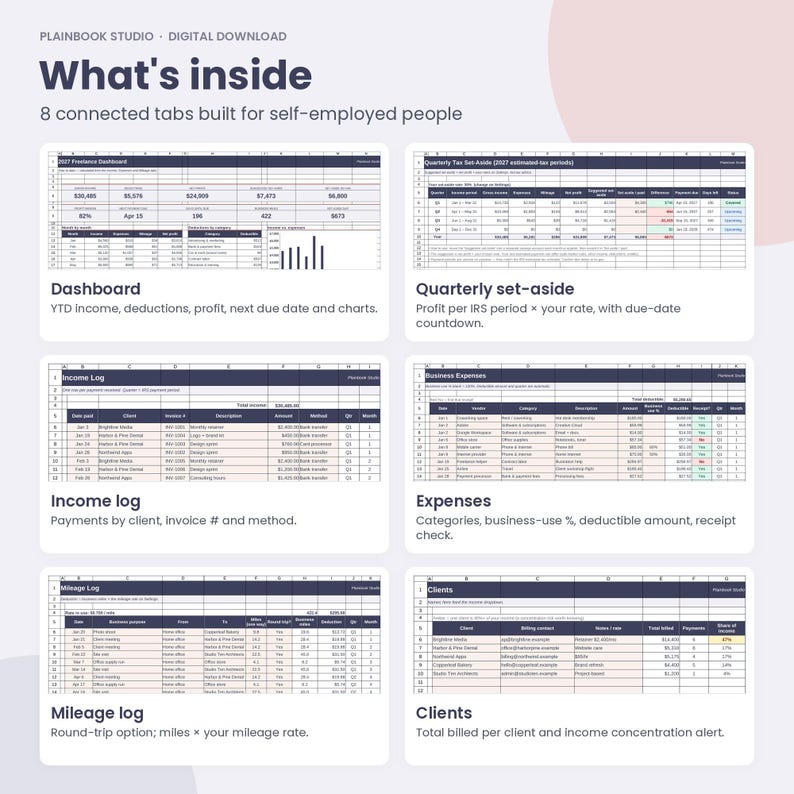 May include: A digital spreadsheet template for self-employed individuals titled What's inside, featuring 8 connected tabs including a freelance dashboard, quarterly tax set-aside, income log, business expenses, mileage log, and client tracker.
