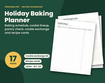 May include: A 17-page Holiday Baking Planner printable PDF featuring a baking schedule, cookie lineup, pantry check, cookie exchange, and recipe cards. The document includes a Cookie Lineup page with checkboxes and is available in Letter, A4, and A5 sizes.