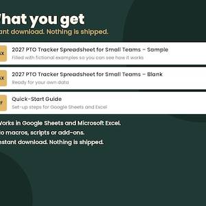 May include: A digital product listing titled What you get, featuring a 2027 PTO Tracker Spreadsheet for Small Teams in sample and blank versions, plus a PDF Quick-Start Guide. It notes compatibility with Google Sheets and Microsoft Excel.