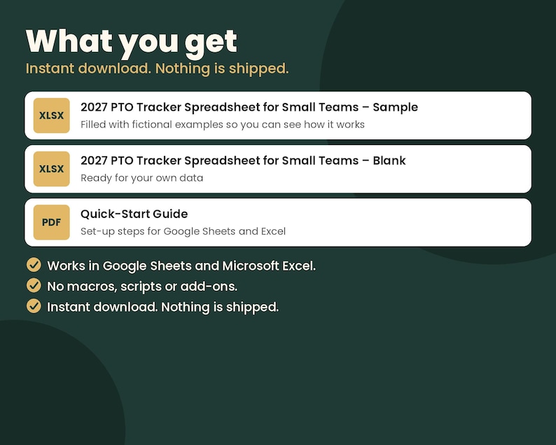 May include: A digital product listing titled What you get, featuring a 2027 PTO Tracker Spreadsheet for Small Teams in sample and blank versions, plus a PDF Quick-Start Guide. It notes compatibility with Google Sheets and Microsoft Excel.