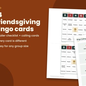 K&ouml;nnte beinhalten: Ein Set aus 24 Friendsgiving-Bingokarten mit einer Checkliste f&uuml;r den Spielleiter und Ziehkarten. Die wei&szlig;en Karten zeigen ein Raster mit dunkelgr&uuml;nen &Uuml;berschriften und schwarzem Text. Der Text enth&auml;lt BINGO und Friendsgiving-Bingokarten.