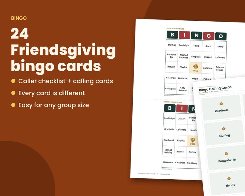K&ouml;nnte beinhalten: Ein Set aus 24 Friendsgiving-Bingokarten mit einer Checkliste f&uuml;r den Spielleiter und Ziehkarten. Die wei&szlig;en Karten zeigen ein Raster mit dunkelgr&uuml;nen &Uuml;berschriften und schwarzem Text. Der Text enth&auml;lt BINGO und Friendsgiving-Bingokarten.