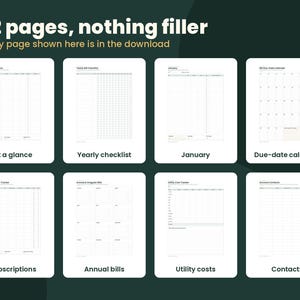 May include: A digital planner set featuring 22 pages with the text 22 pages, nothing filler and Every page shown here is in the download. The layout displays eight white document templates including a bill tracker, yearly checklist, calendar, and contact list.