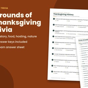 K&ouml;nnte beinhalten: Ein Thanksgiving-Trivia-Spielset mit vier Fragerunden zu Geschichte, Essen, Gastgebertum und Natur. Das Set enth&auml;lt gedruckte Frageb&ouml;gen mit dem Titel Thanksgiving History sowie ein separates Blatt mit den Antworten f&uuml;r die Runden 1 und 2.