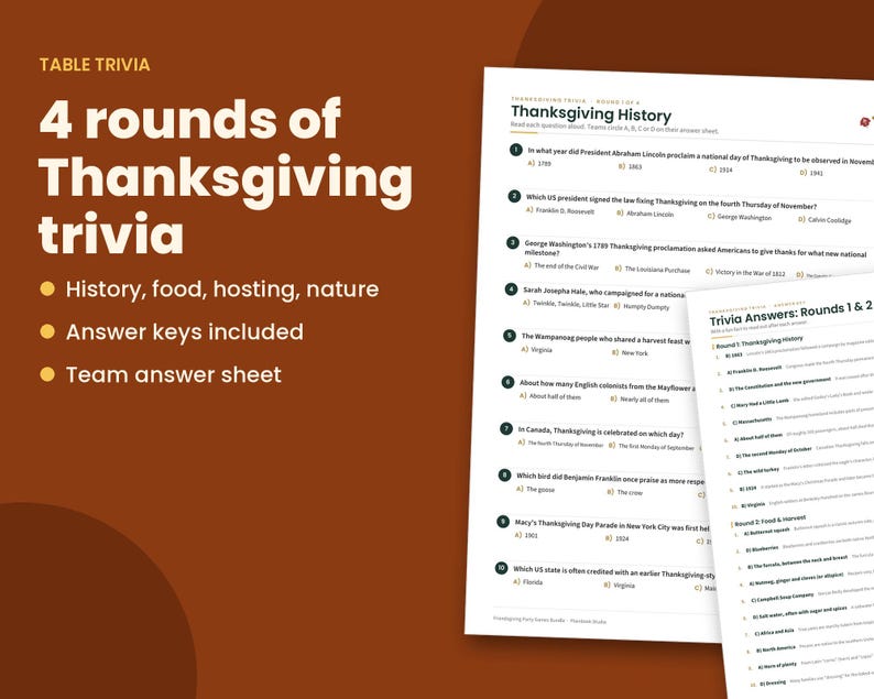 K&ouml;nnte beinhalten: Ein Thanksgiving-Trivia-Spielset mit vier Fragerunden zu Geschichte, Essen, Gastgebertum und Natur. Das Set enth&auml;lt gedruckte Frageb&ouml;gen mit dem Titel Thanksgiving History sowie ein separates Blatt mit den Antworten f&uuml;r die Runden 1 und 2.