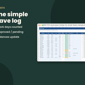 May include: A digital spreadsheet titled 2027-PTO-and-Leave-Tracker-for-Small-Teams-Sample.xlsx displayed on a screen. The text reads Requests, One simple leave log, Work days counted, Approved / pending, and Balances update with bullet points.