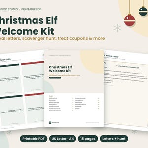 May include: A printable Christmas Elf Welcome Kit PDF featuring 18 pages of arrival letters, scavenger hunt clue cards, and treat coupons. The document includes a table of contents, a letter from the elf, and various activity sheets in a clean layout.