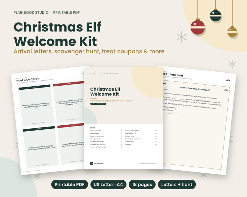 May include: A printable Christmas Elf Welcome Kit PDF featuring 18 pages of arrival letters, scavenger hunt clue cards, and treat coupons. The document includes a table of contents, a letter from the elf, and various activity sheets in a clean layout.