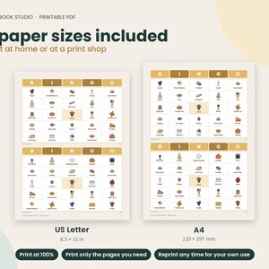 May include: A printable PDF bingo game set featuring two distinct paper sizes. The image displays US Letter 8.5 x 11 inch and A4 210 x 297 mm formats. Each sheet contains multiple bingo grids with colorful food and holiday-themed icons.