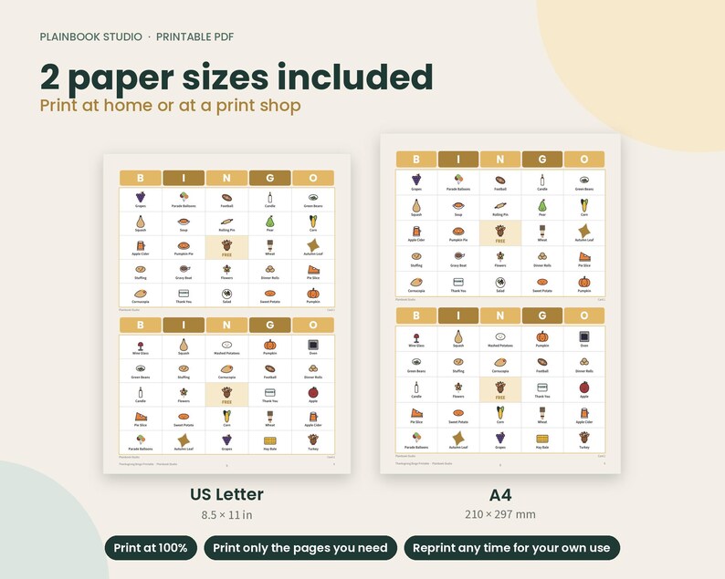 May include: A printable PDF bingo game set featuring two distinct paper sizes. The image displays US Letter 8.5 x 11 inch and A4 210 x 297 mm formats. Each sheet contains multiple bingo grids with colorful food and holiday-themed icons.
