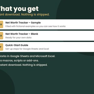 May include: A digital net worth tracker set featuring a sample file, a blank template, and a quick-start guide. The text includes What you get, Net Worth Tracker, and setup steps for Google Sheets and Microsoft Excel on a dark green background.