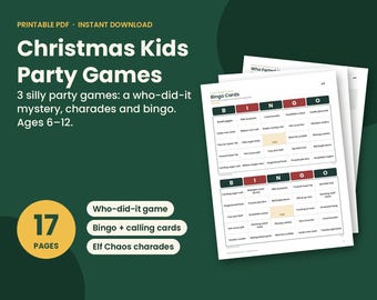 Pacchetto di giochi stampabili per feste di Natale per bambini, 17 pagine, download immediato, bingo "Chi ha scoreggiato sotto l'albero?", mimo (PDF)