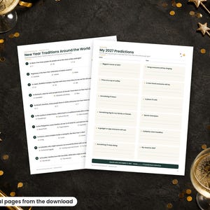 May include: Two white paper sheets featuring New Year activities. The left page is titled New Year Traditions Around the World with a ten-question quiz. The right page is titled My 2027 Predictions with blank lines for writing personal goals and future forecasts.
