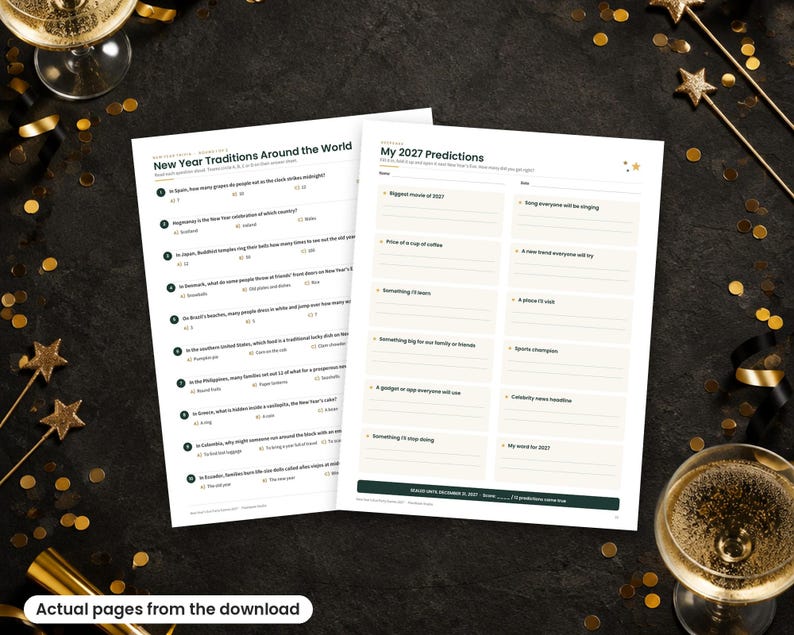 May include: Two white paper sheets featuring New Year activities. The left page is titled New Year Traditions Around the World with a ten-question quiz. The right page is titled My 2027 Predictions with blank lines for writing personal goals and future forecasts.