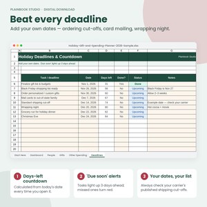 May include: A digital spreadsheet titled Holiday-Gift-and-Spending-Planner-2026-Sample.xlsx featuring a Holiday Deadlines & Countdown table. The grid includes columns for tasks, dates, days left, status, and notes, with rows listing holiday preparations.