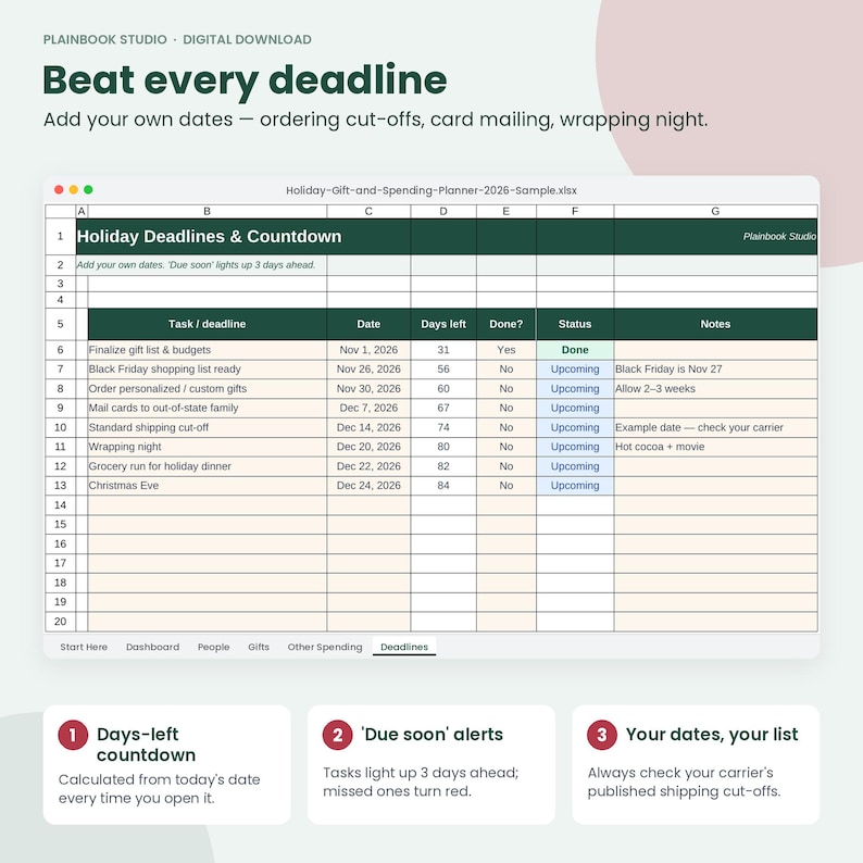 May include: A digital spreadsheet titled Holiday-Gift-and-Spending-Planner-2026-Sample.xlsx featuring a Holiday Deadlines & Countdown table. The grid includes columns for tasks, dates, days left, status, and notes, with rows listing holiday preparations.