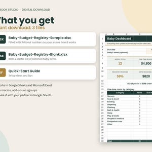 May include: A digital download set from Plainbook Studio including three files: Baby-Budget-Registry-Sample.xlsx, Baby-Budget-Registry-Blank.xlsx, and a Quick-Start Guide PDF. The image displays a spreadsheet interface titled Baby Dashboard.