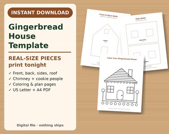 Plantilla imprimible de casa de jengibre, patrón de casa de jengibre a tamaño real, actividad navideña para niños, descarga instantánea.